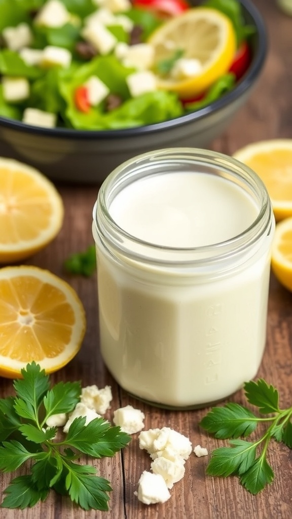 Creamy Feta Salad Dressing Recipe Creamy feta salad dressing in a jar with fresh ingredients like feta and lemon on a wooden table.